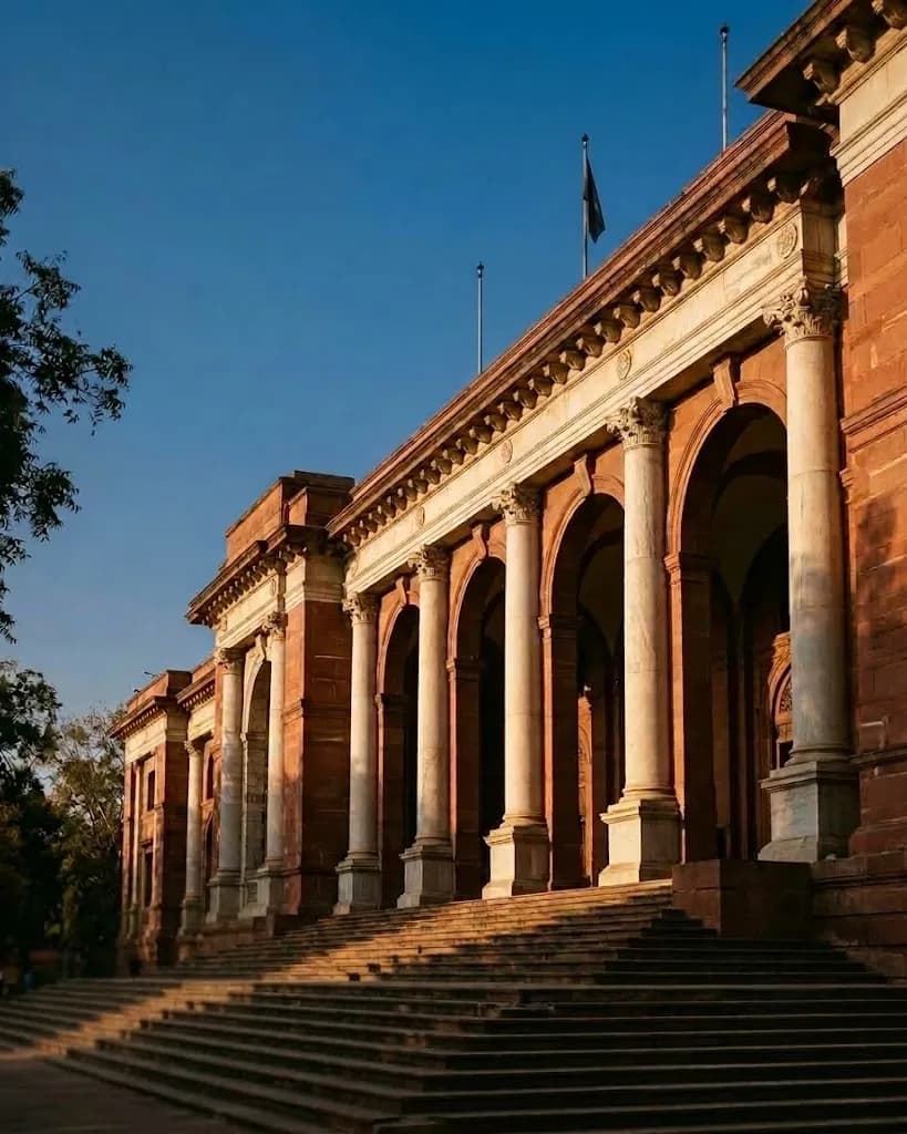 A sandstone government building with tall columns and wide steps in late afternoon sun